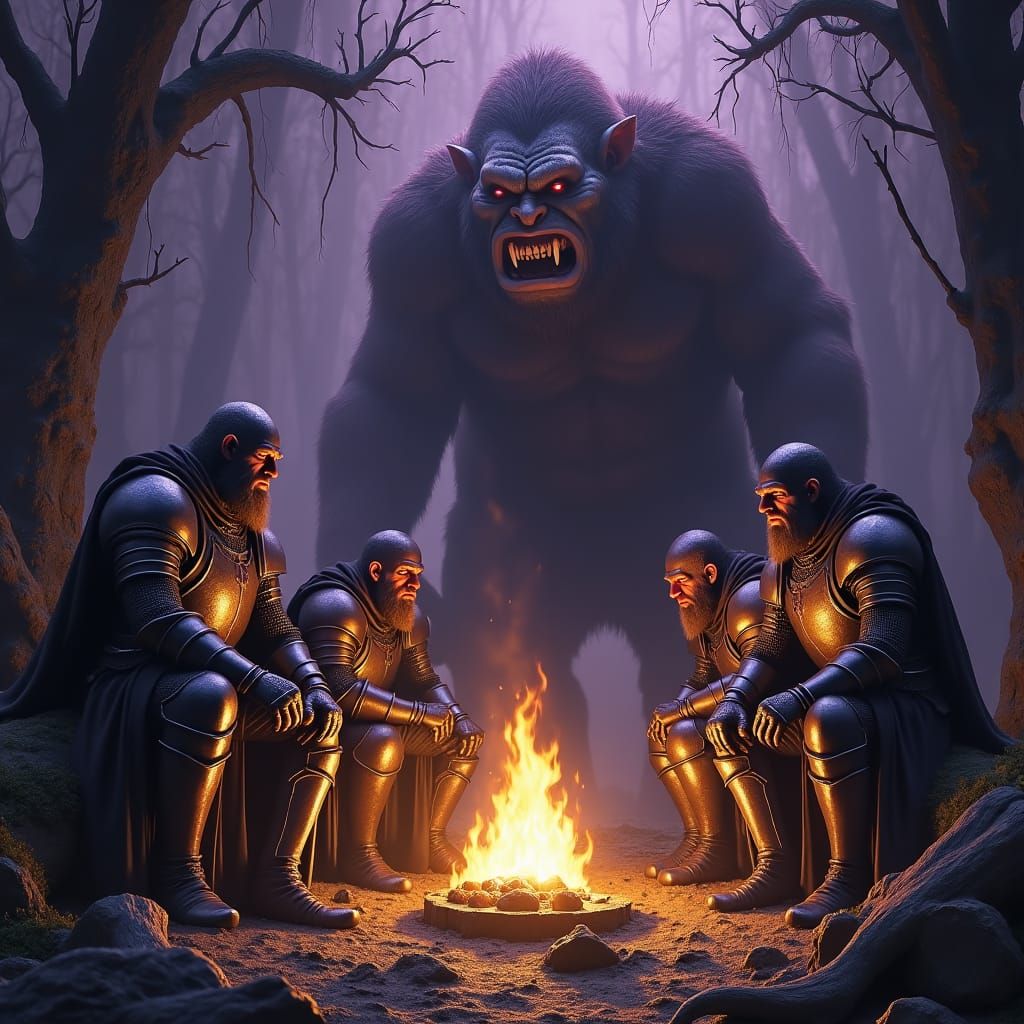 Knights and Troll by Firelight in Poster Art Style