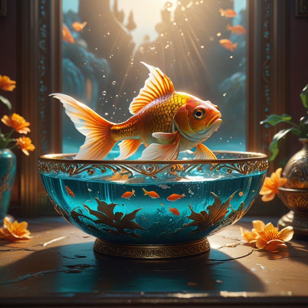 Regal Goldfish Gazing Out of Ornate Bowl in Baroque-Inspired...