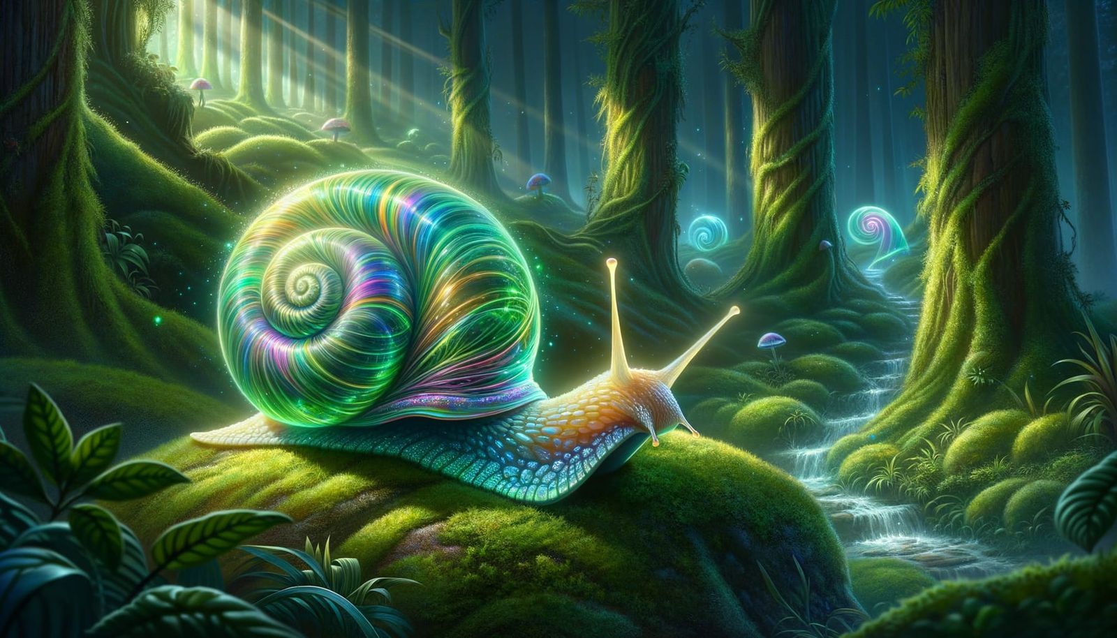 Rainbow Snail in Magical Forest Scene