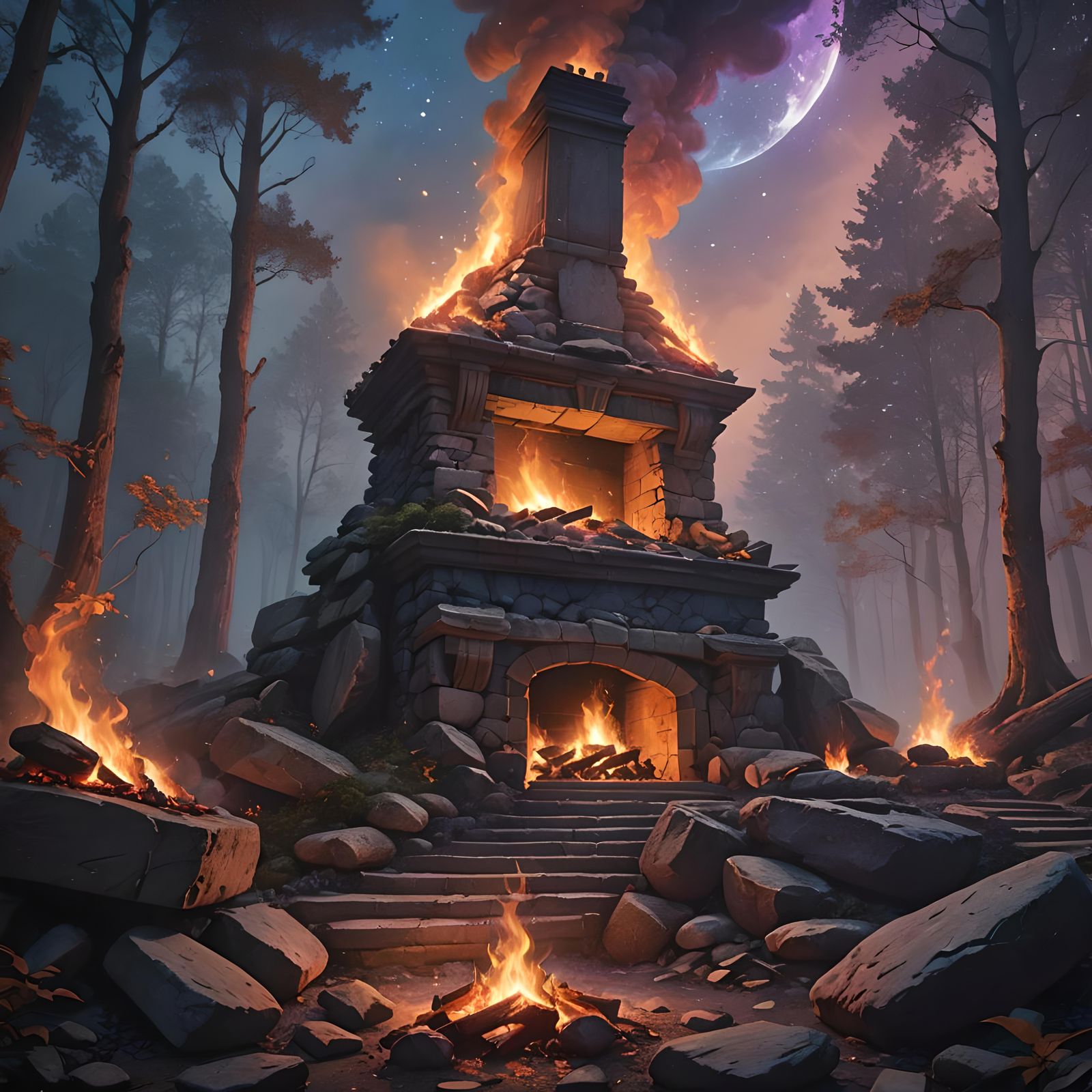 Roaring Fireplace Under Starry Sky: Matte Painting