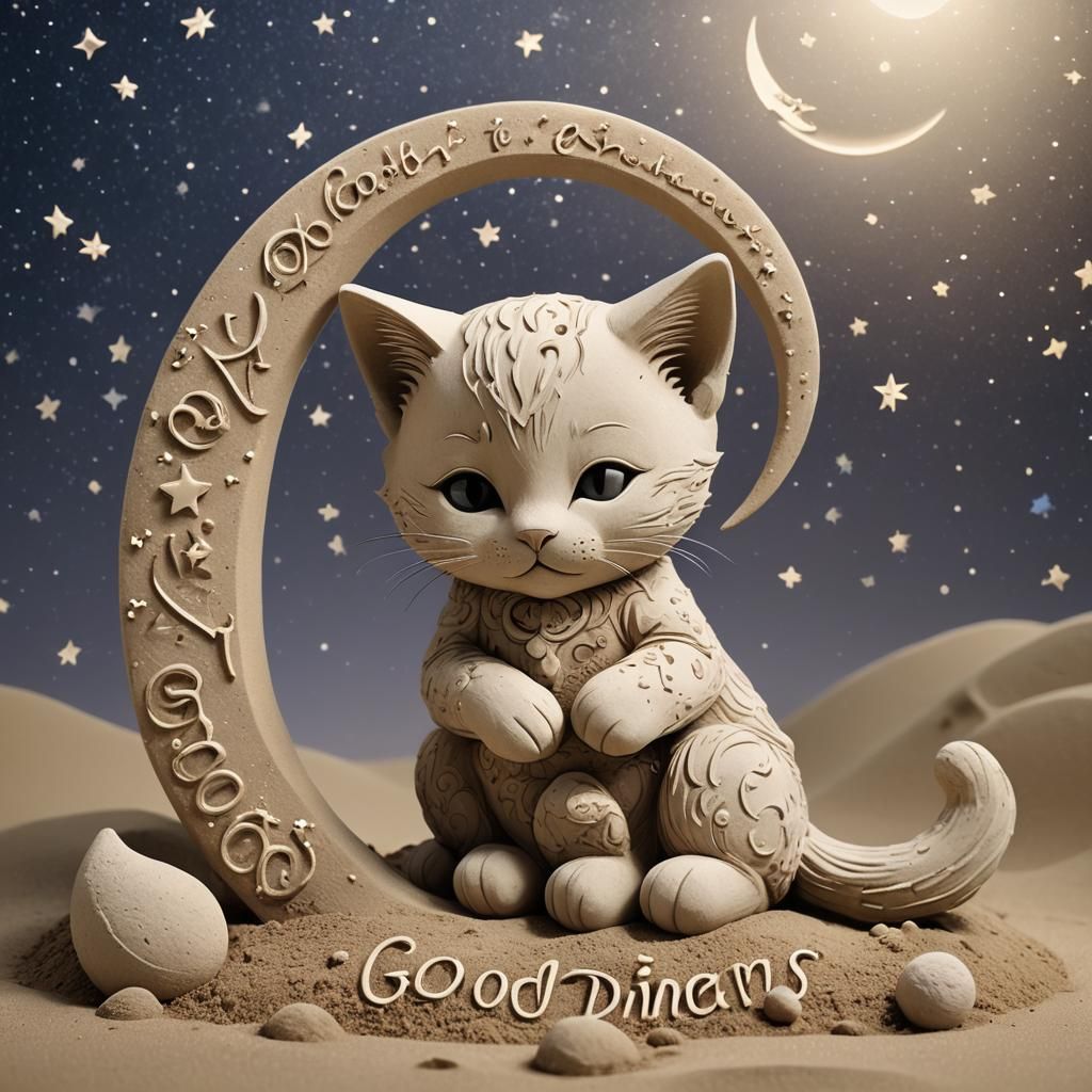 Sand Sculpture Kitten Hugging Moon, 3D Anime Art