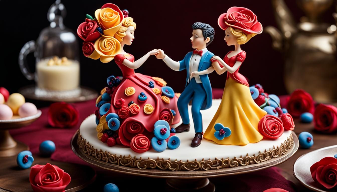 Cake Sculpture of Dancing Couple, Hyperrealistic Splash Art