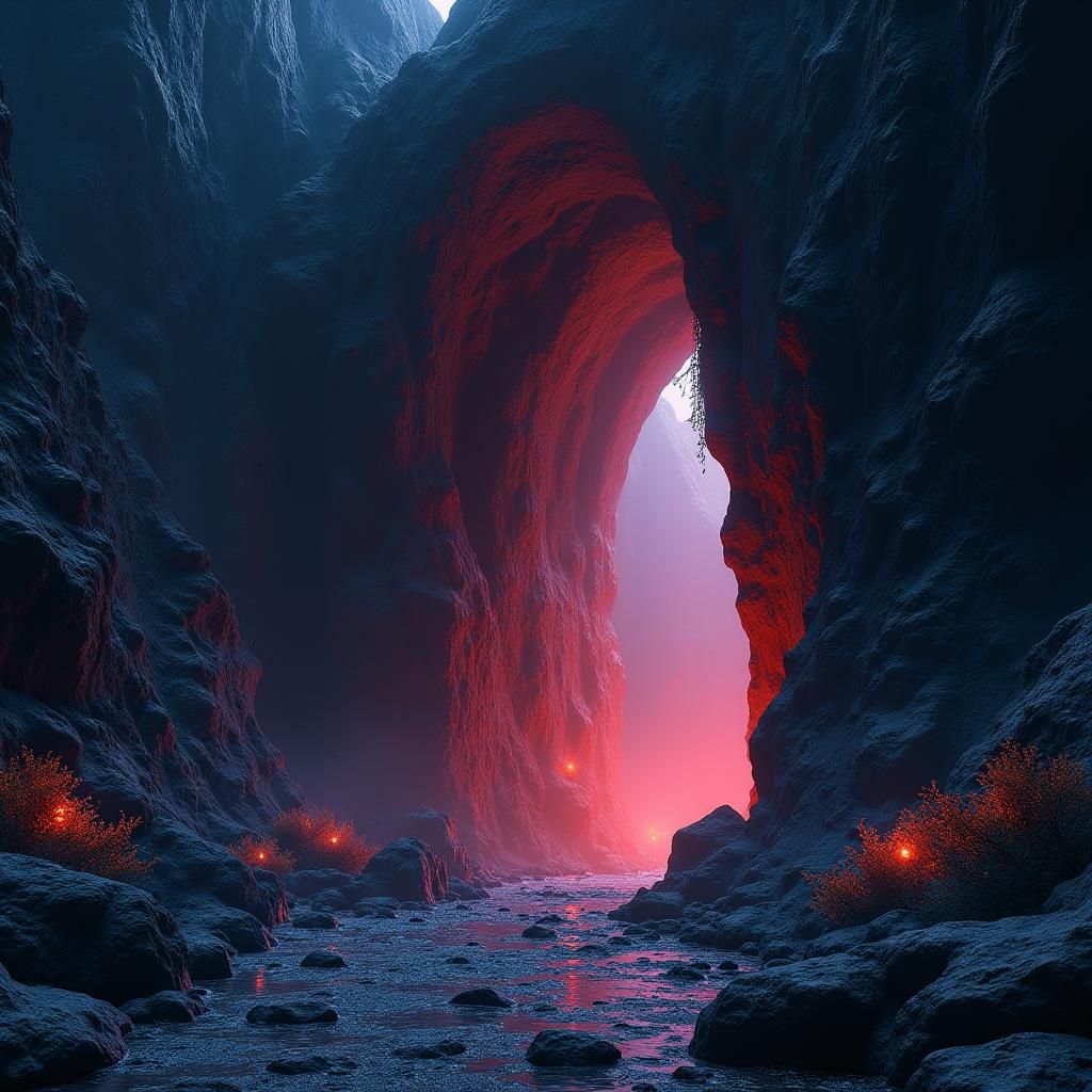 Eerie Cave Entrance in Crimson and Cobalt Hues