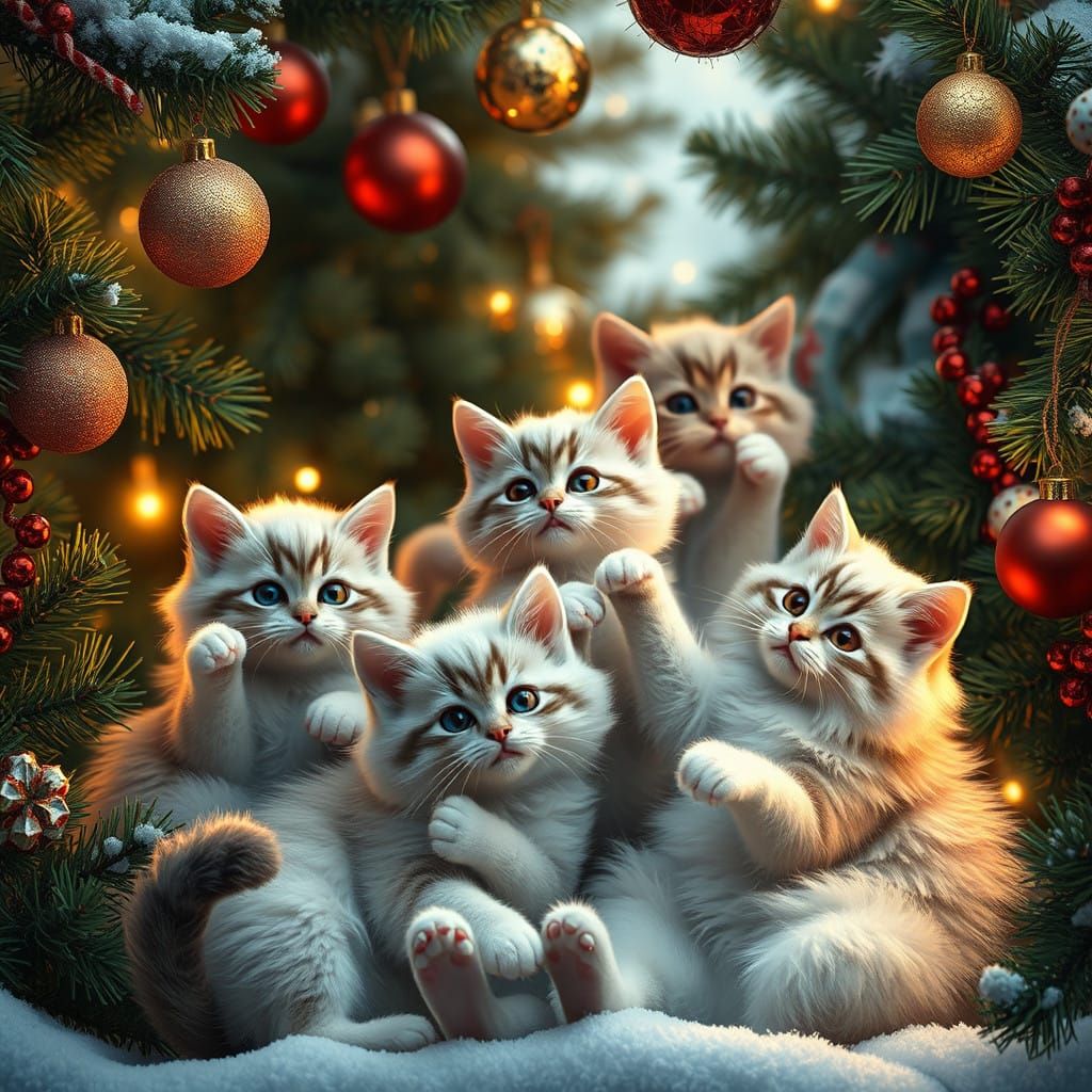 Cats Play Among Sparkling Christmas Tree Ornaments