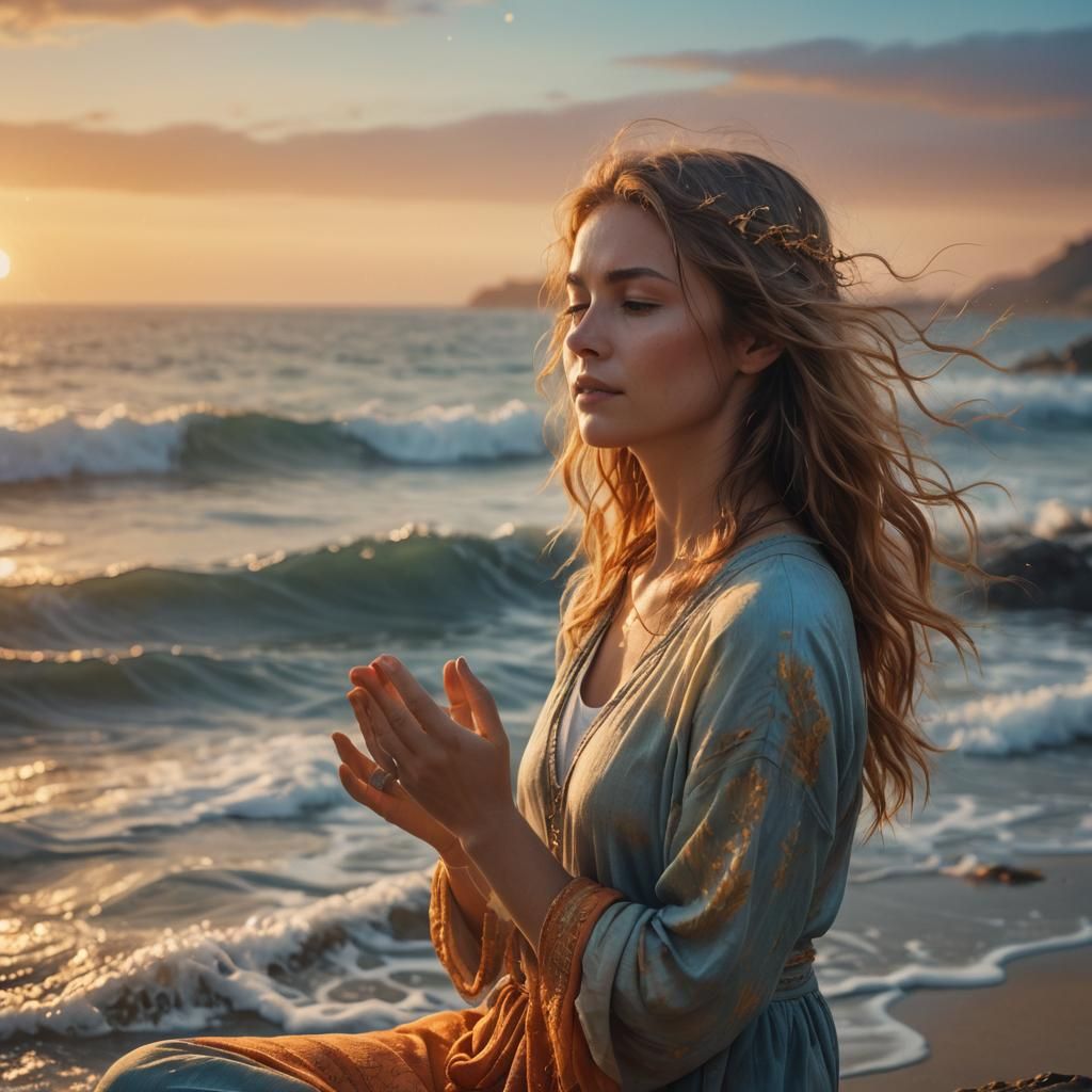 Golden Hour: Woman Meditating by the Sea