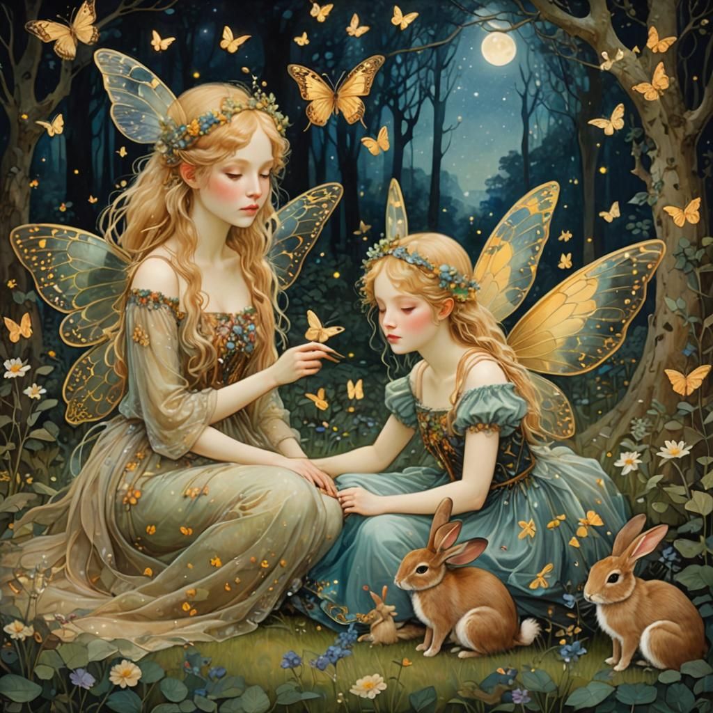 Fairies with Butterfly Wings in Moonlit Forest