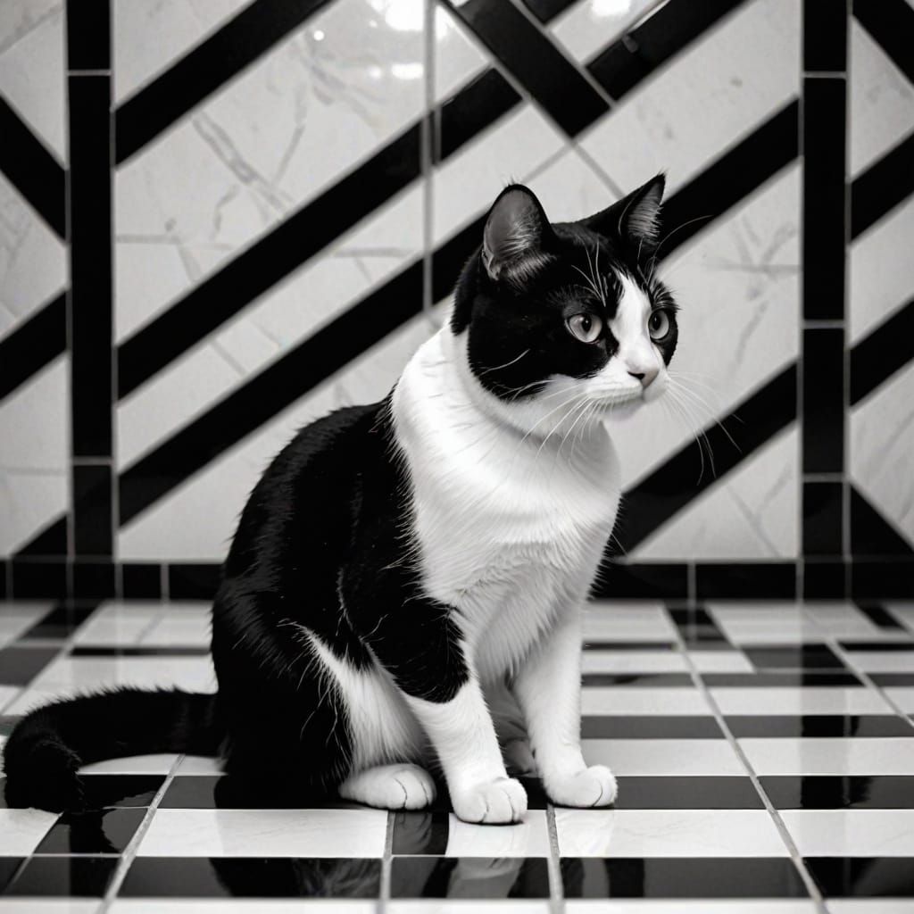 Monochrome Cat on Black and White Tiles