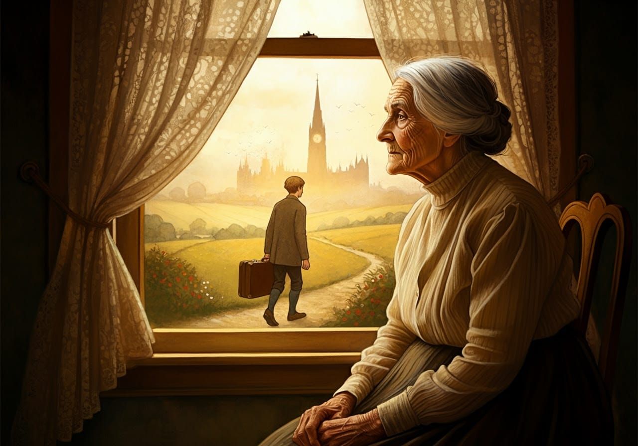 Elderly Woman Reflects on Son's Departure in Golden Light
