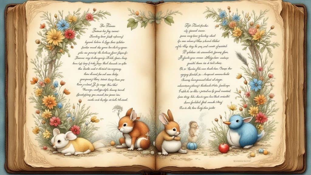 Vintage-Style Book Page with Whimsical Watercolour Scene