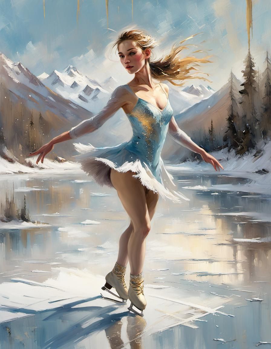 Figure Skater on Frozen Lake with Gold Paint Strokes