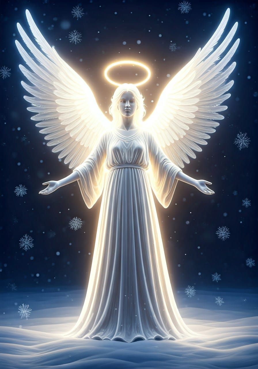 Bioluminescent Angel of Light in Snowy Landscape