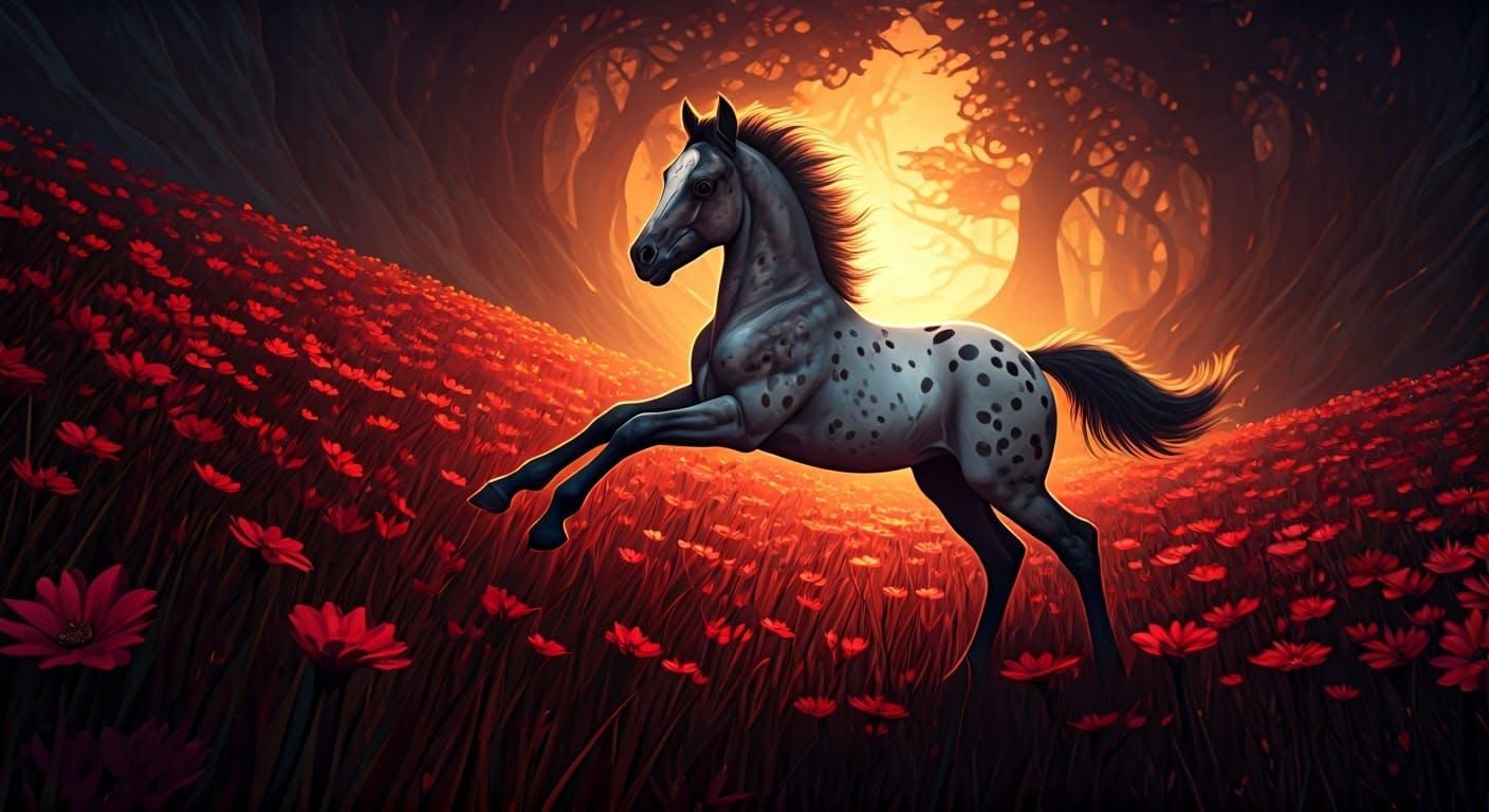 Mystical Appaloosa Foal in a Valley of Red Flowers, Dark Fan...