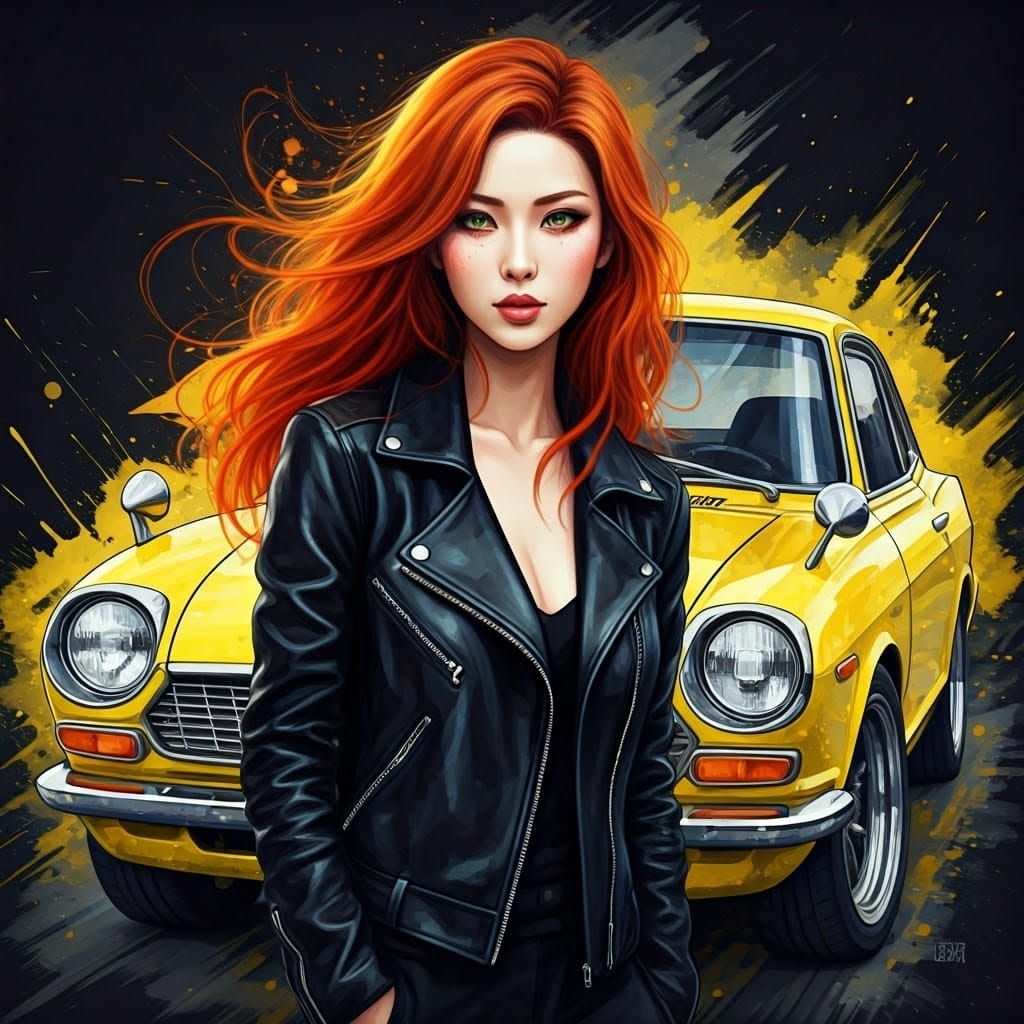 Stunning Woman Next to a Vintage Yellow Nissan Fairlady