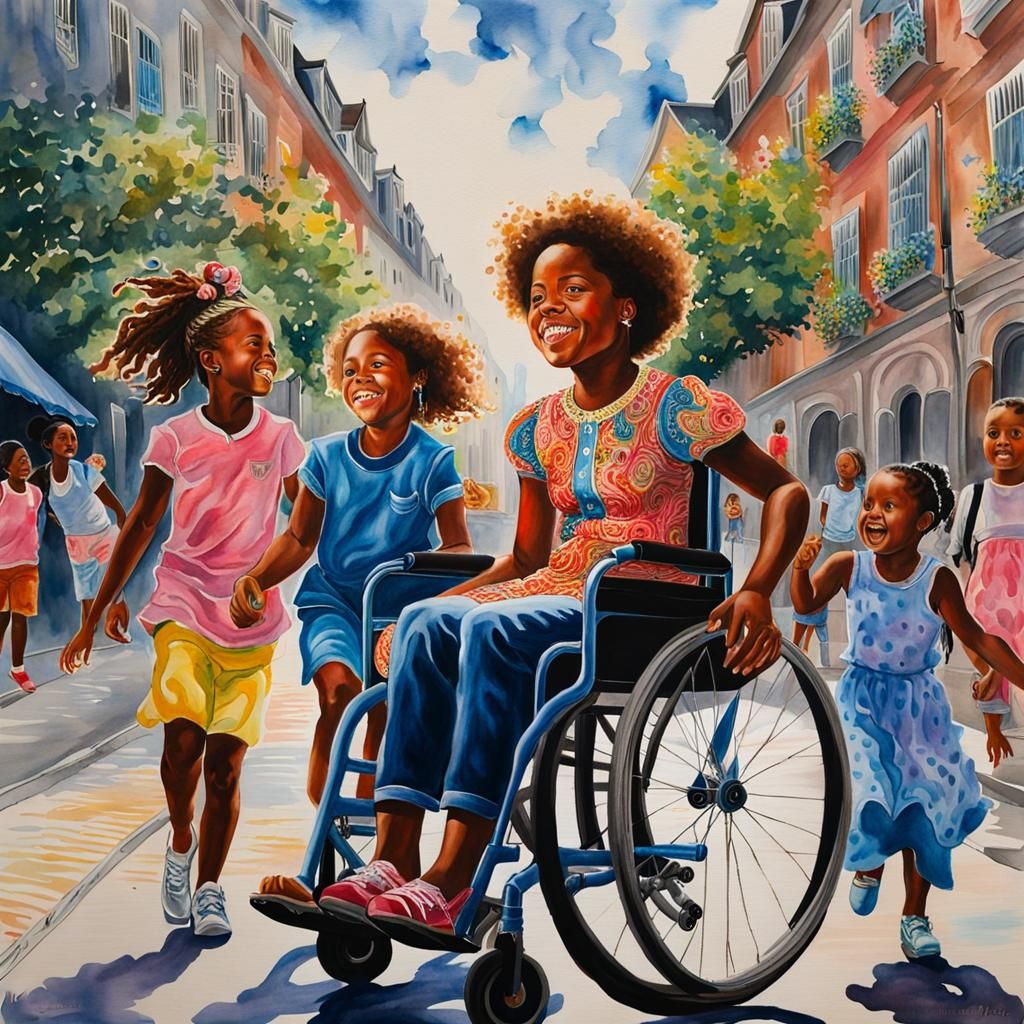 Girl in Wheelchair Plays with Children: Watercolour Fantasy