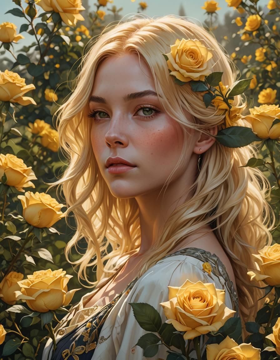 Golden Beauty in Rose Field: Hyperdetailed Portrait