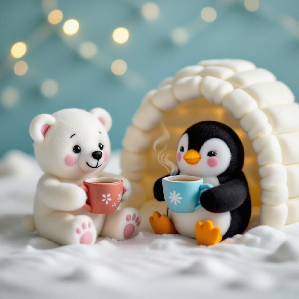 Felt Diorama of a Polar Bear and Penguin Tea Party