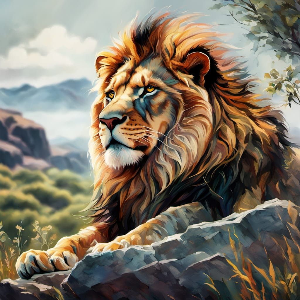 Regal Lion King Ruling Over Lush Savanna in Hyperrealistic S...