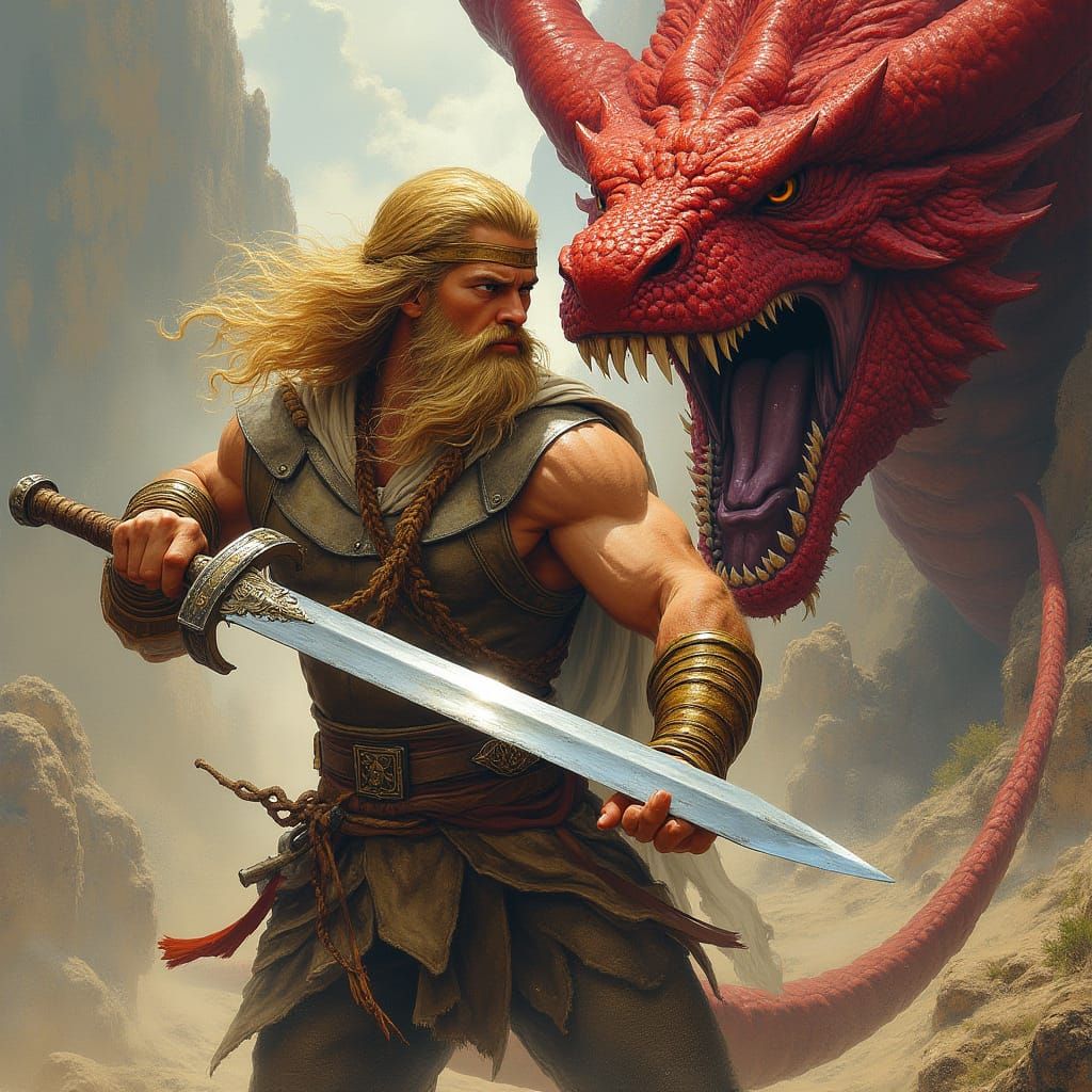 Norse Hero Sigurd Slaying Red Dragon in Fantasy Style