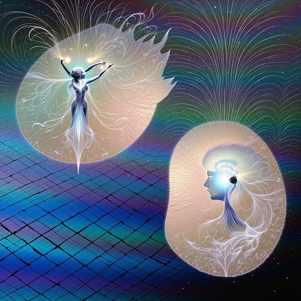 Ethereal Woman in Geometric Lattice, Art Deco Style