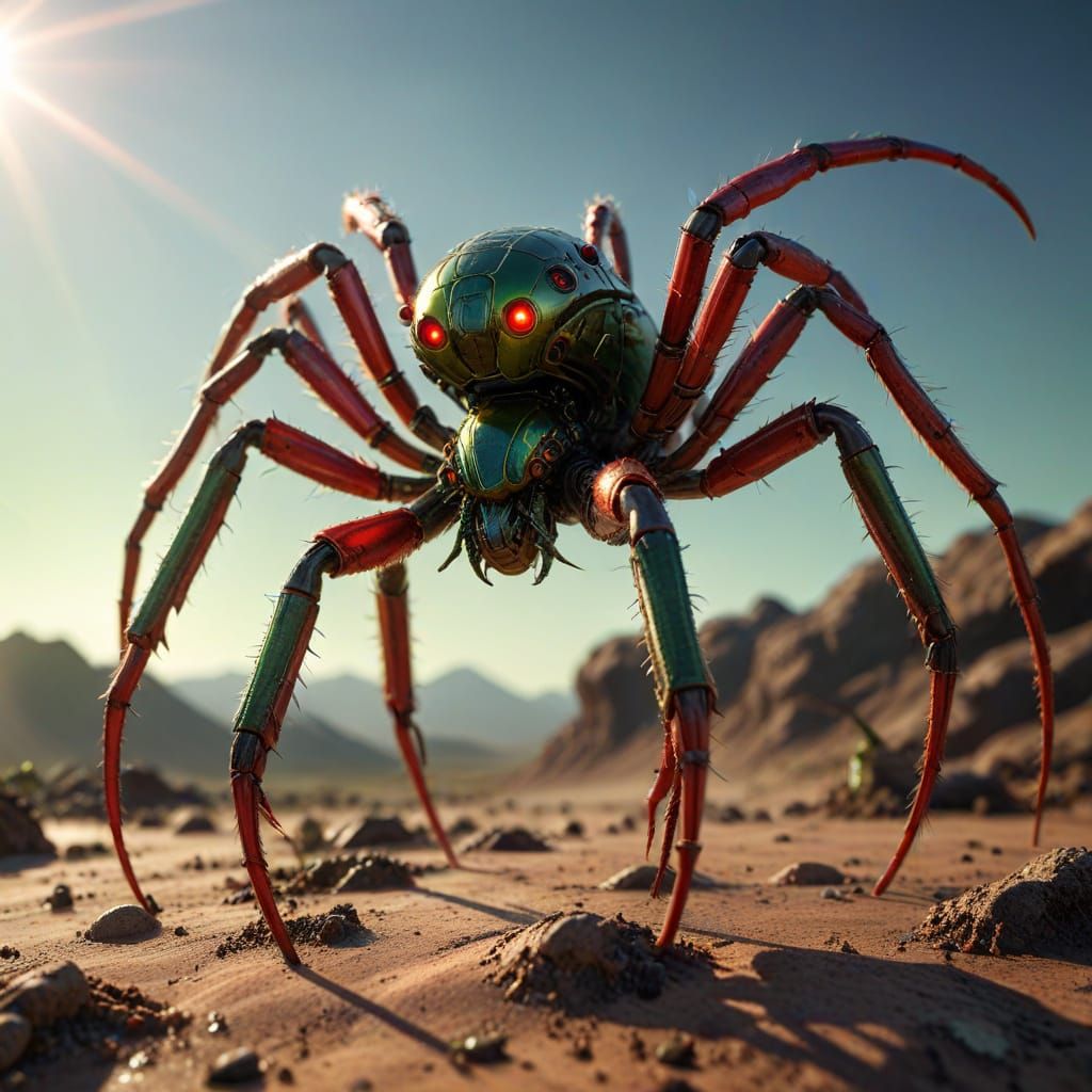 Mechanical Spider Eats Fly in Sci-Fi Landscape