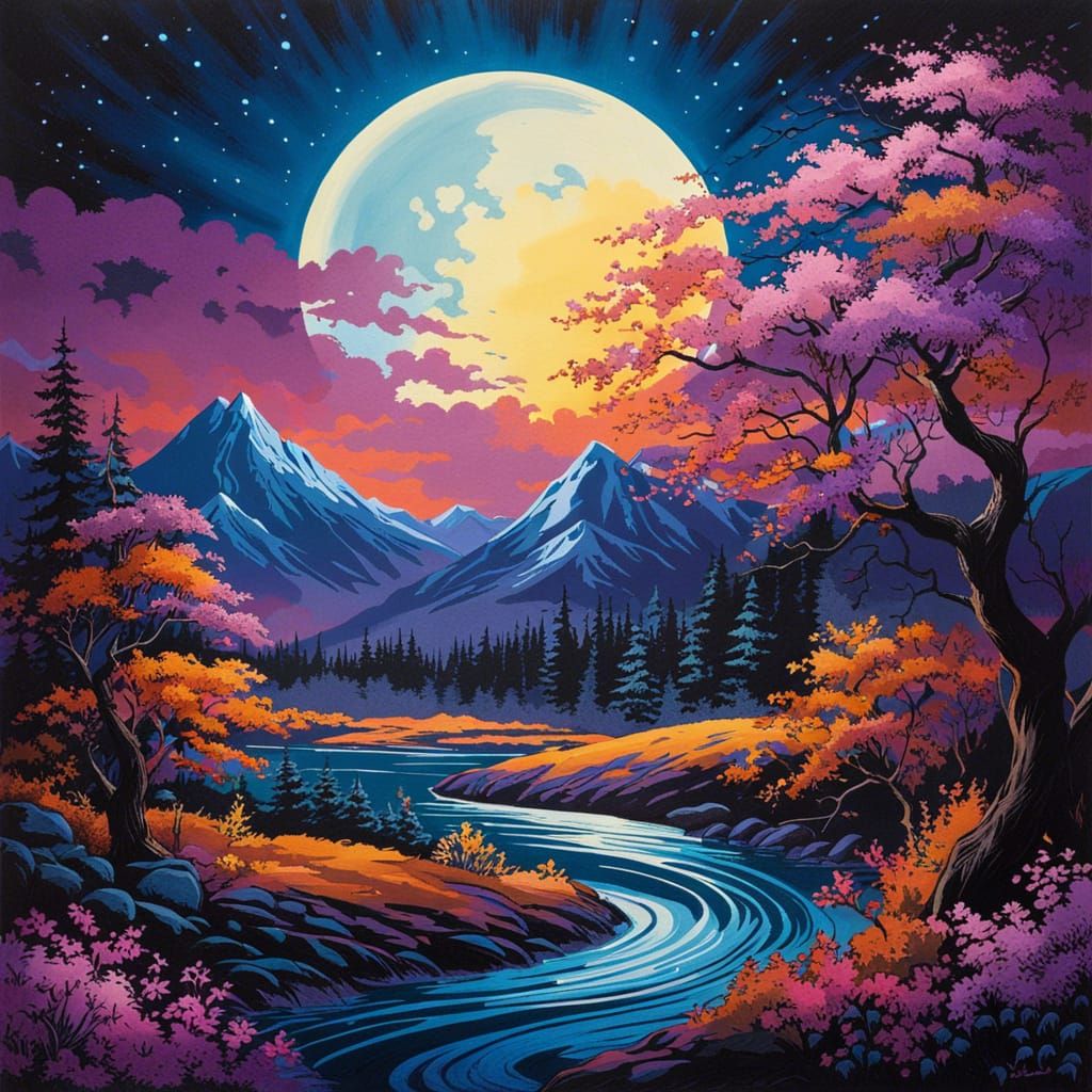 Magic Sea Cherry Blossoms Under Brilliant Moon as Cartoon