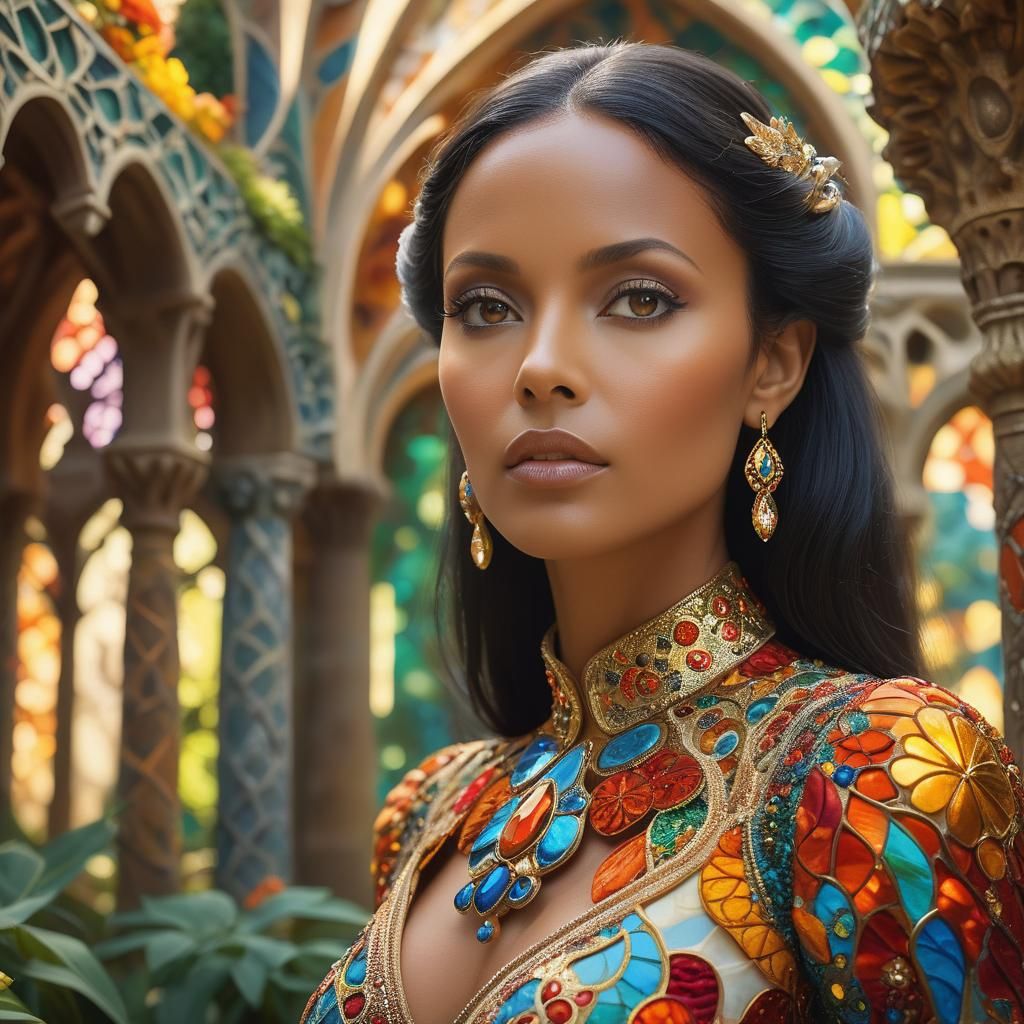 Surreal Portrait of Laura Gemser in Ornate Temple Garden