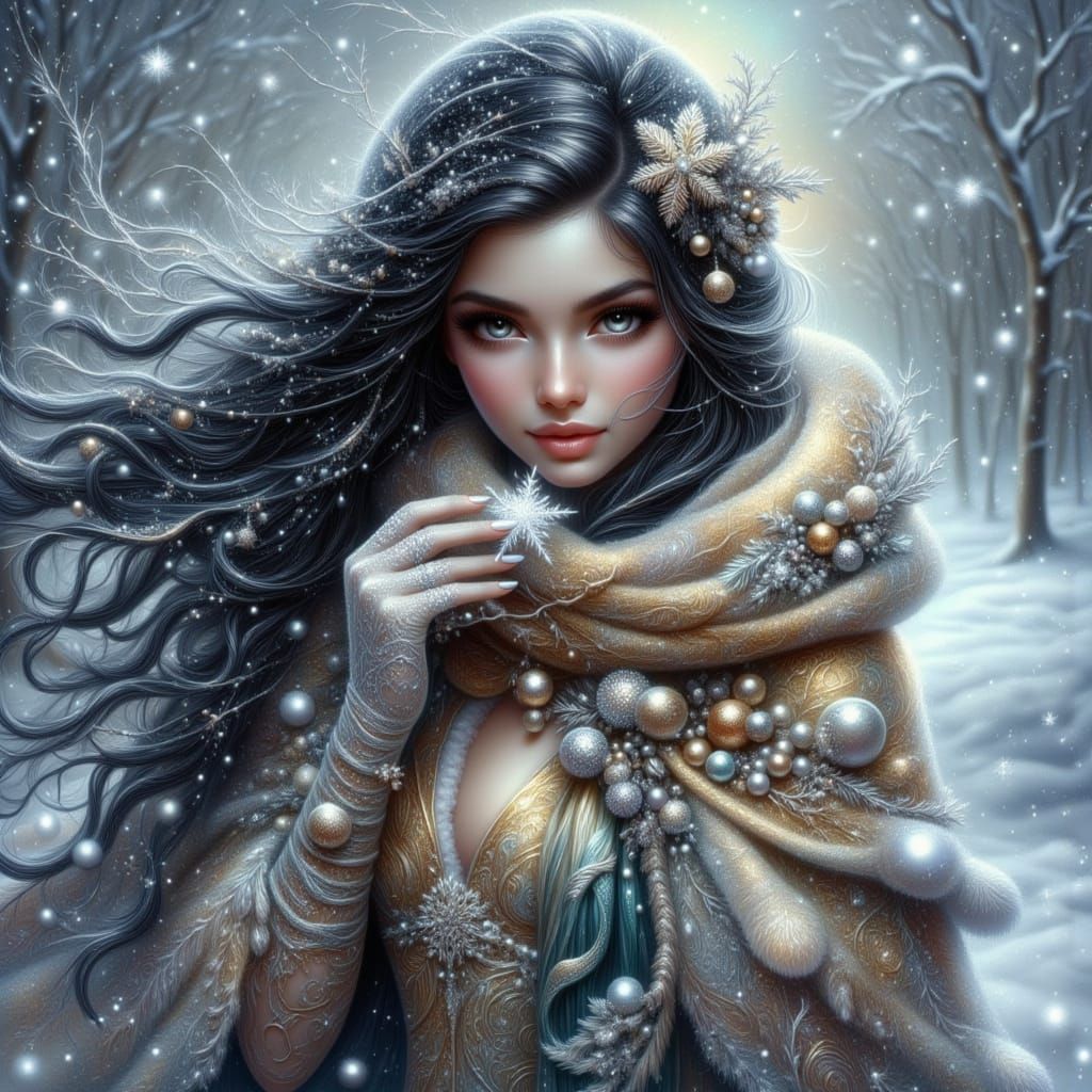 Ethereal Winter Woman Holding Snowflake in Magical Snowstorm