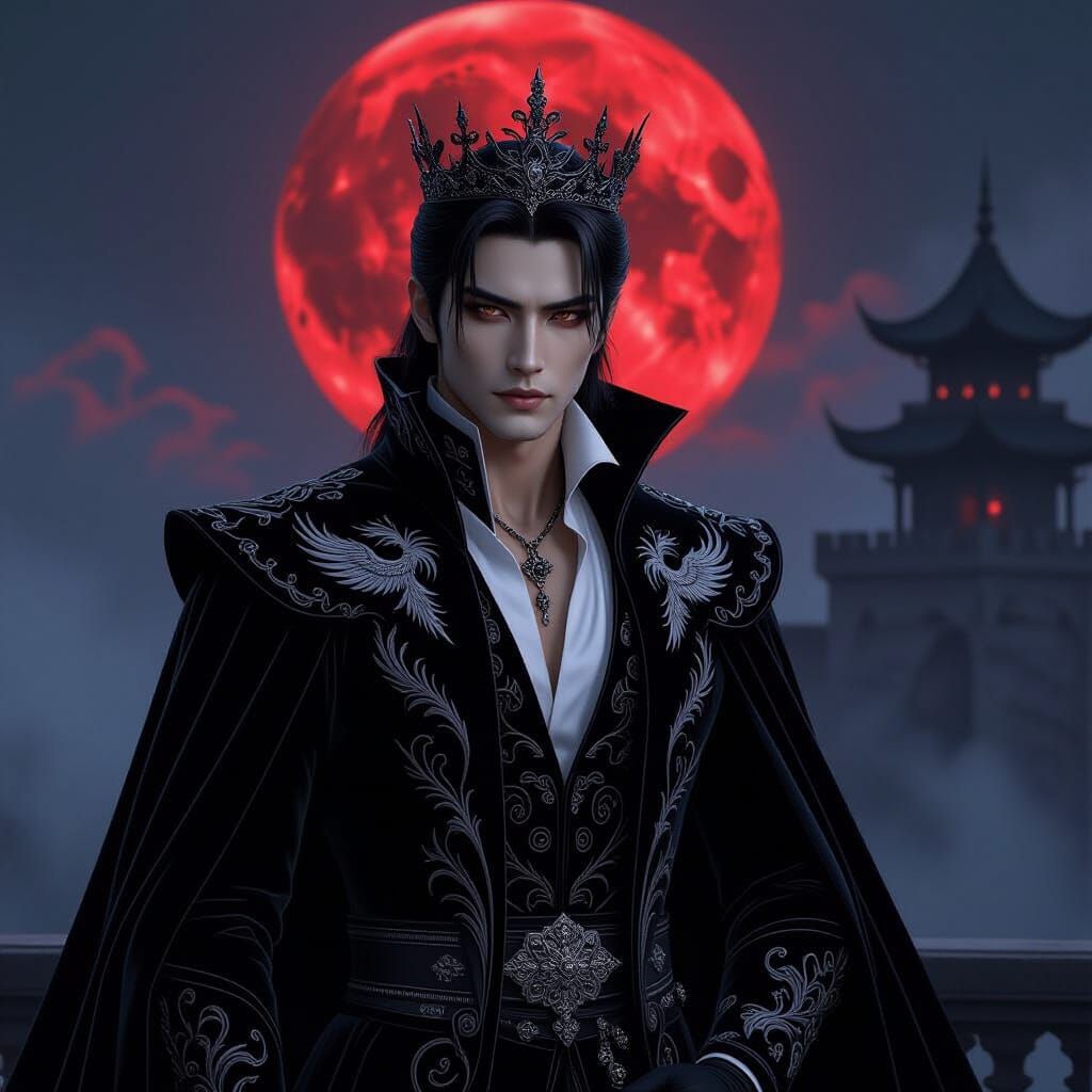 Regal Asian Vampire Prince in Gothic Moonlight