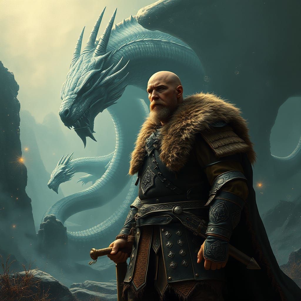 Viking Warrior and Dragon in Mystical Landscape