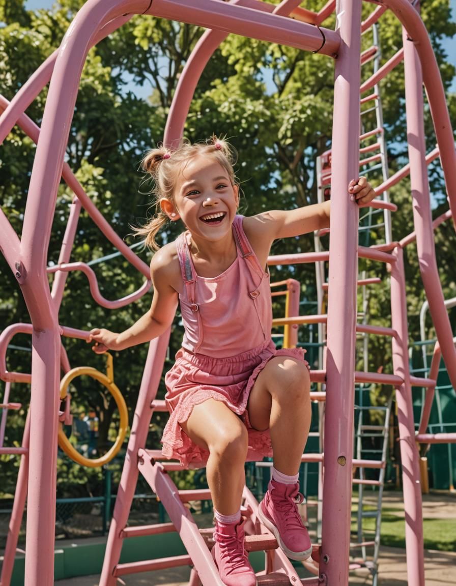Joyful Girl on Playground in Hyperrealistic Style