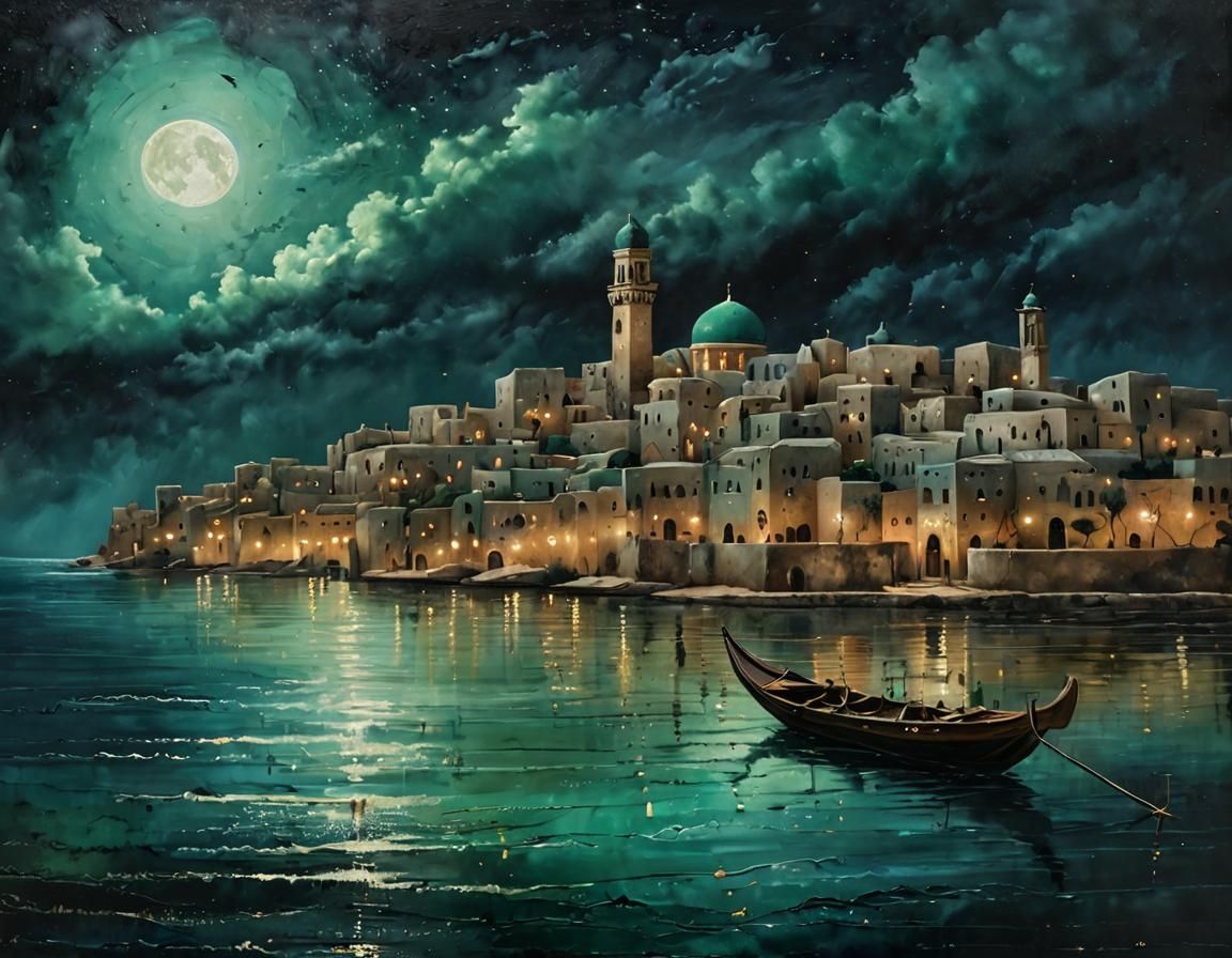 Mediterranean Town under Starry Sky as Acrylic Painting