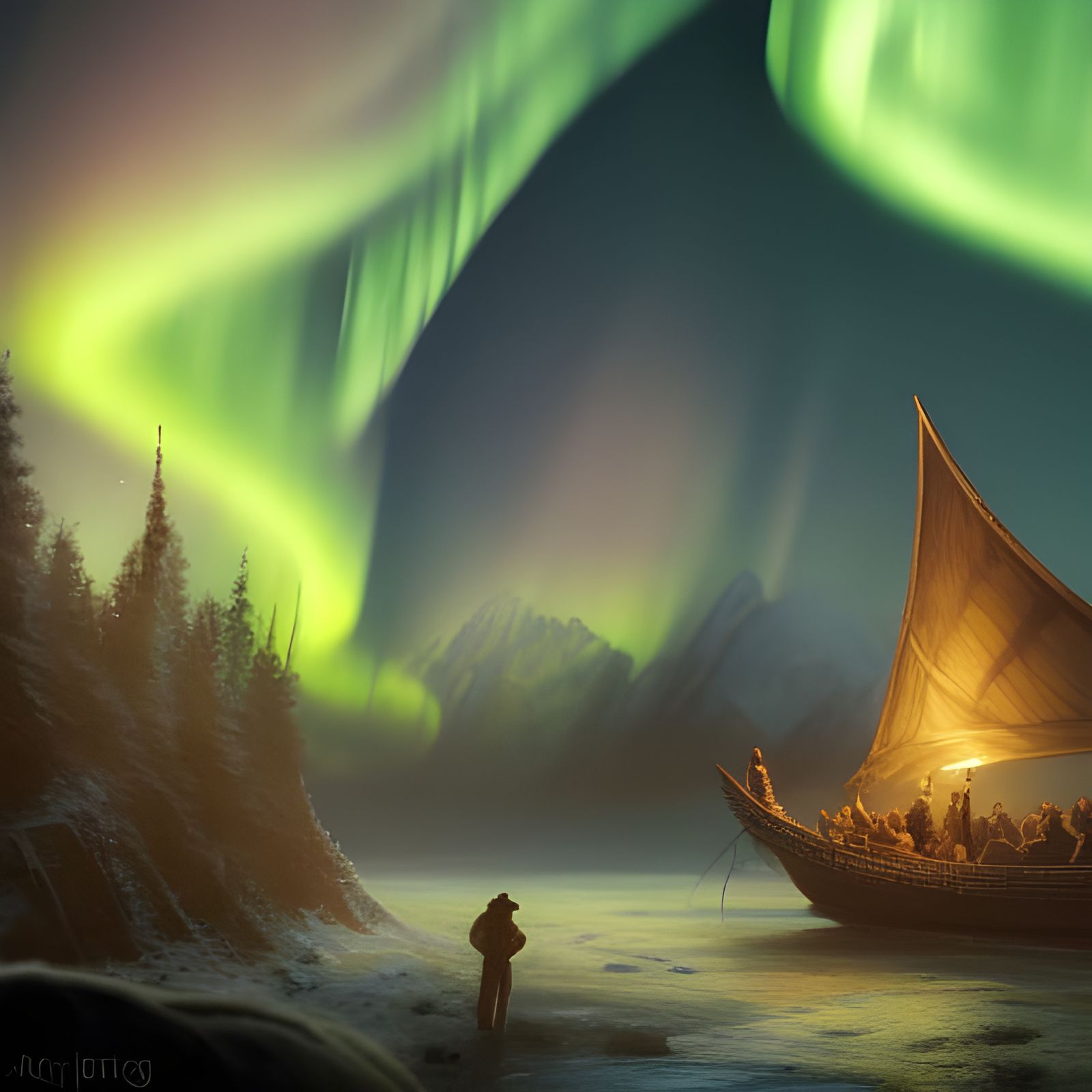 Northern Lights Over Viking Ship: Fantasy Art