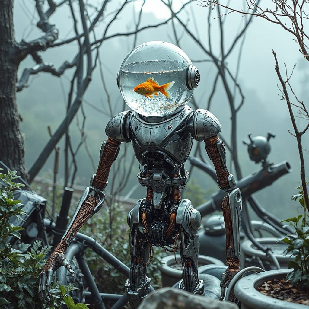 Futuristic Robot with Aquatic Crystal Head in Ethereal Garde...