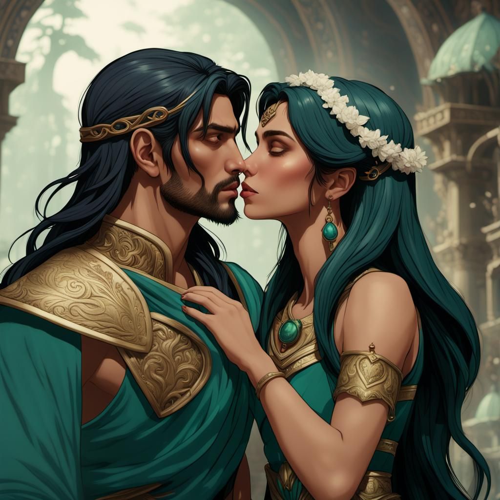 Woman Kissing Soulmate: Detailed Fantasy Concept Art