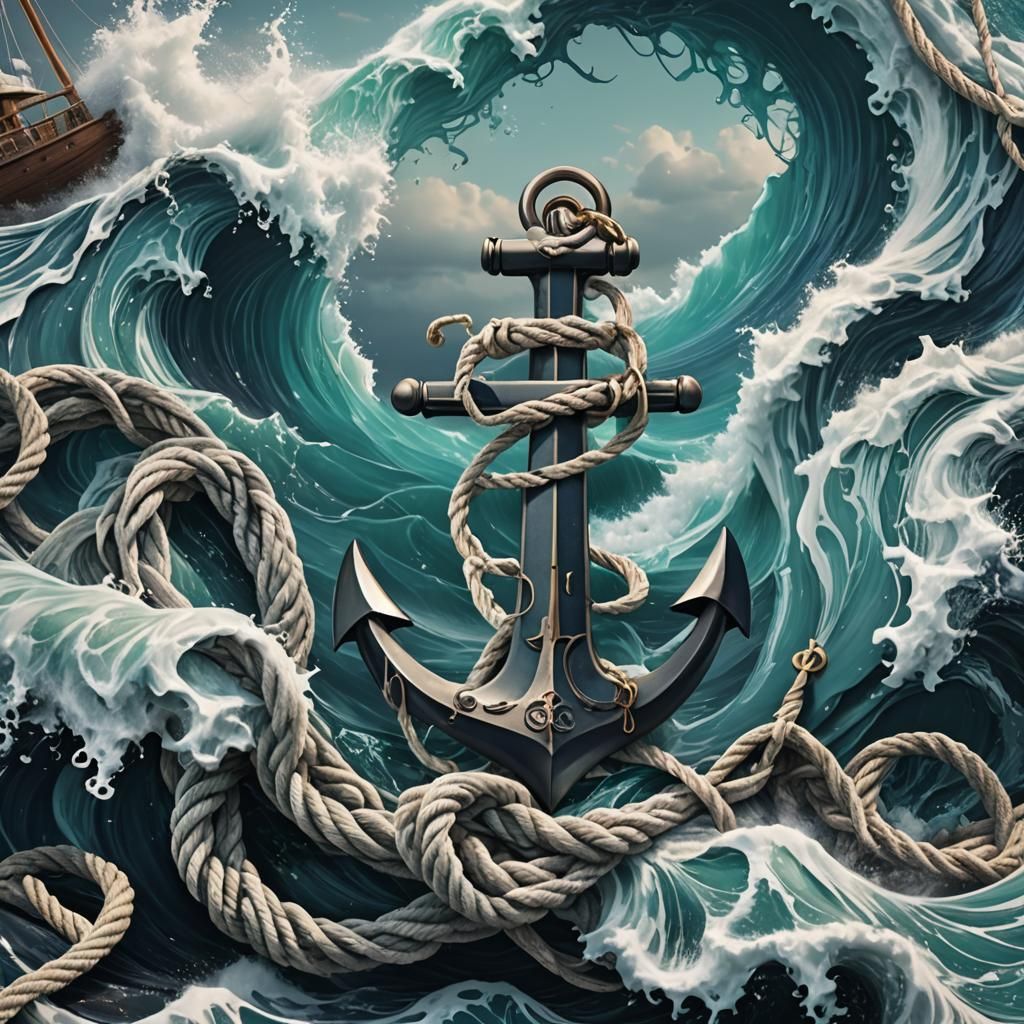 Maritime Anchor Surrounded by Waves in Detailed Matte Painti...