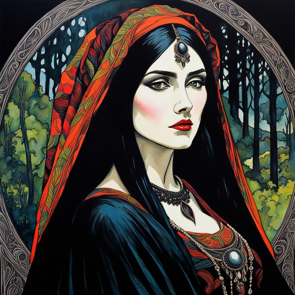 Gothic Druidess in Gouache European Ink Print