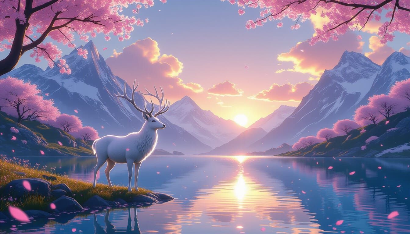 White Stag in Surreal Landscape at Golden Hour