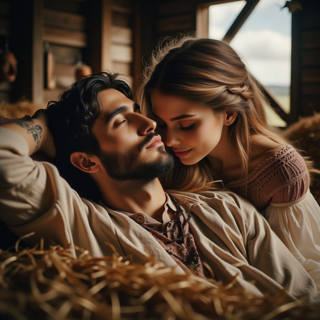 handsome medieval couple cuddling in the hay