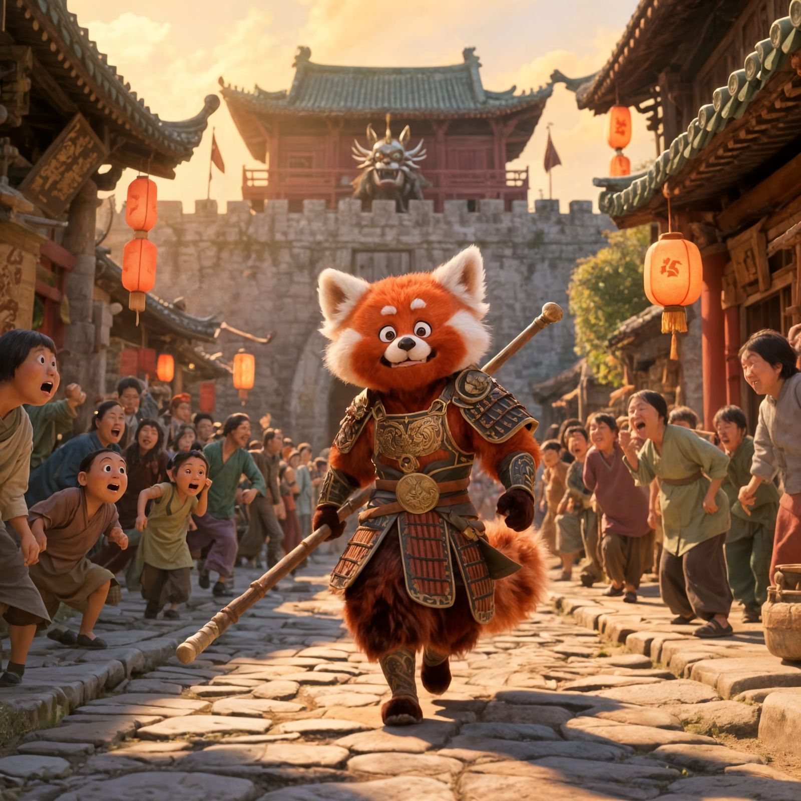 Red Panda Warrior in Feudal China Village