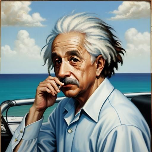 Einstein Smoking in Miami: Vintage Oil Painting