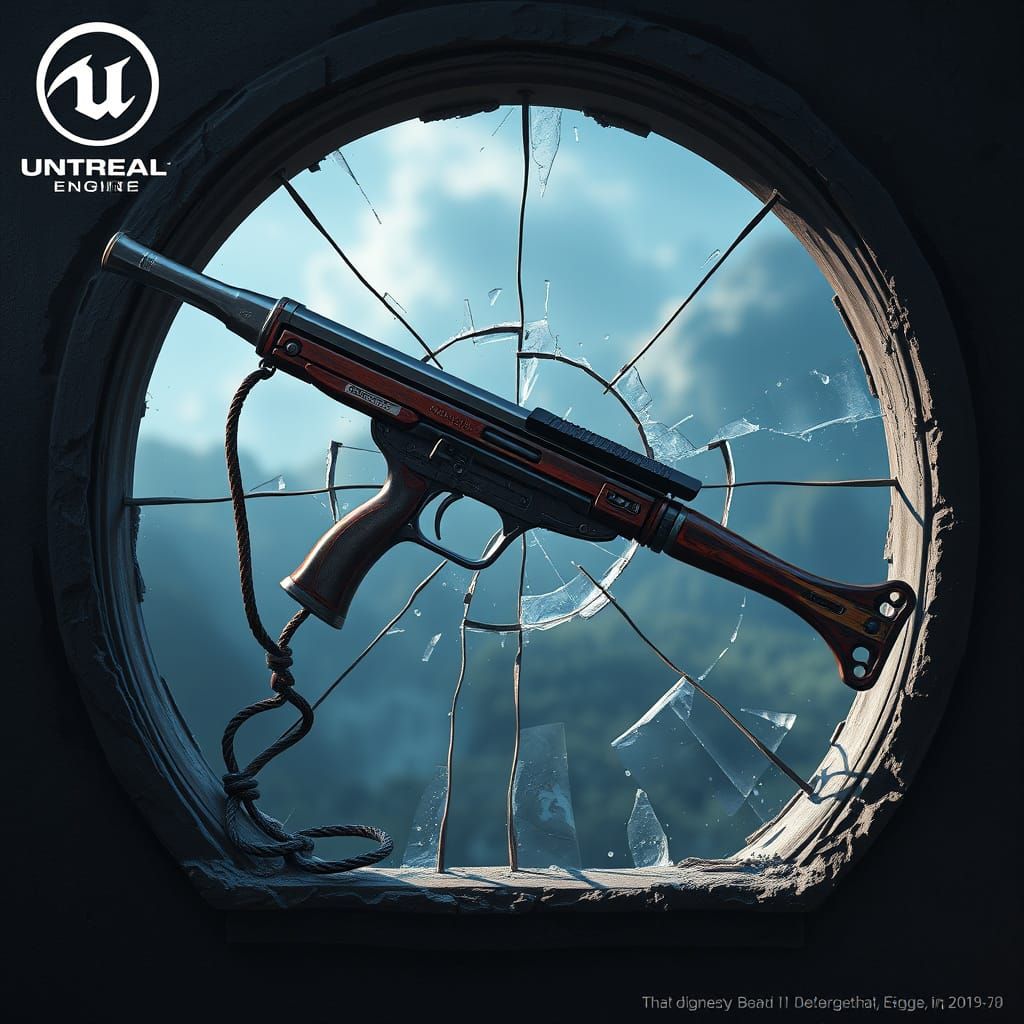 Fantastical Slingshot Amidst Broken Window in Deep Color