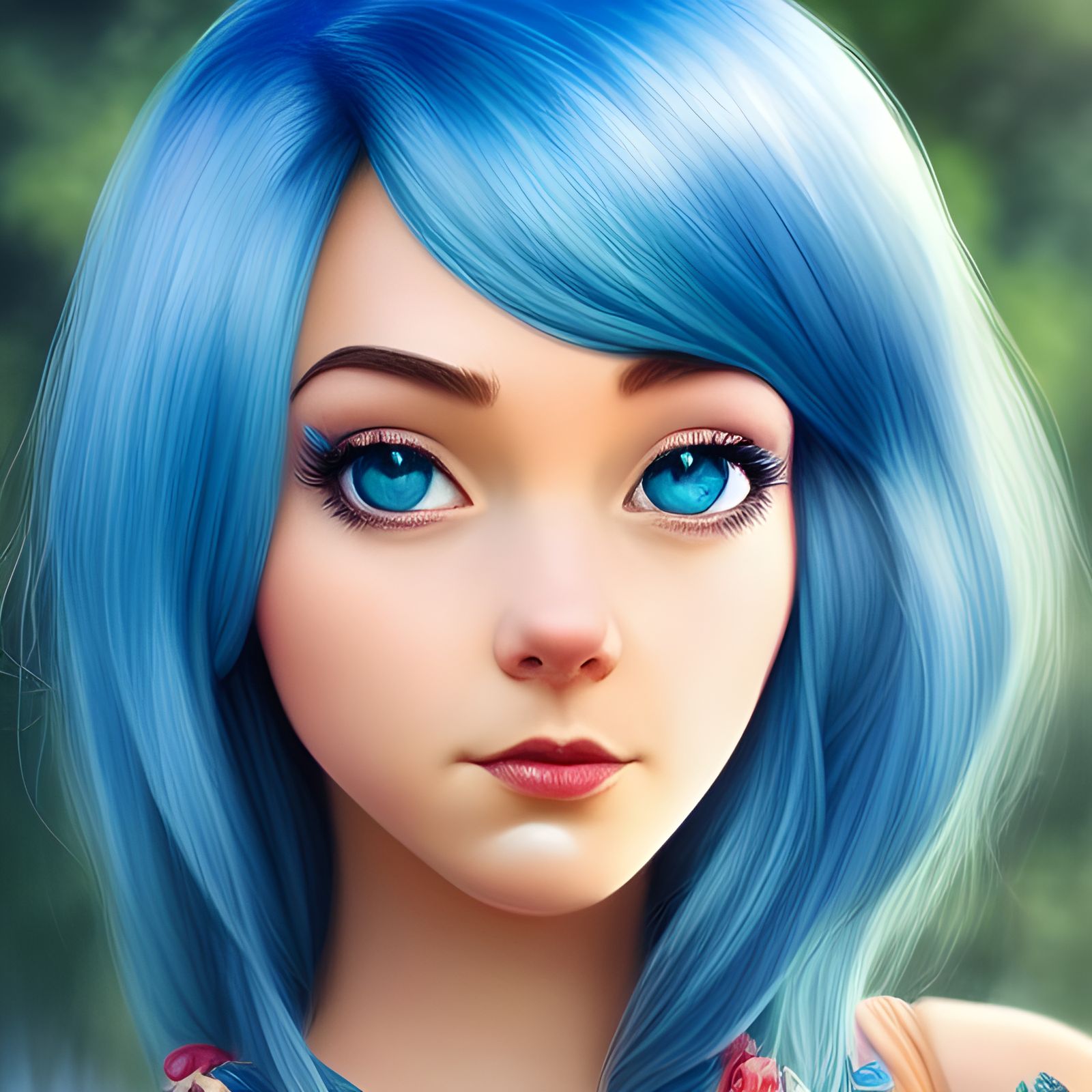 Blue-Haired Woman in Sunny Pixar-Style Portrait