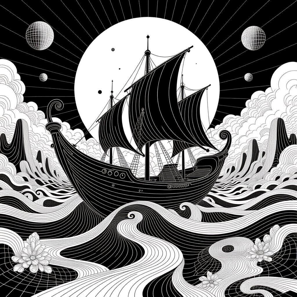 Surreal Moon-Boat on Suminagashi Waves in Line Drawing Style