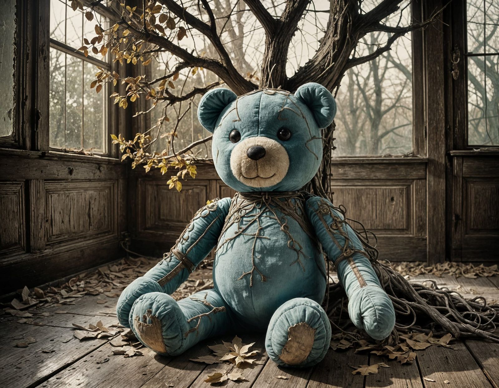 Antique Plush Toy in Abandoned Room, Sepia Tone