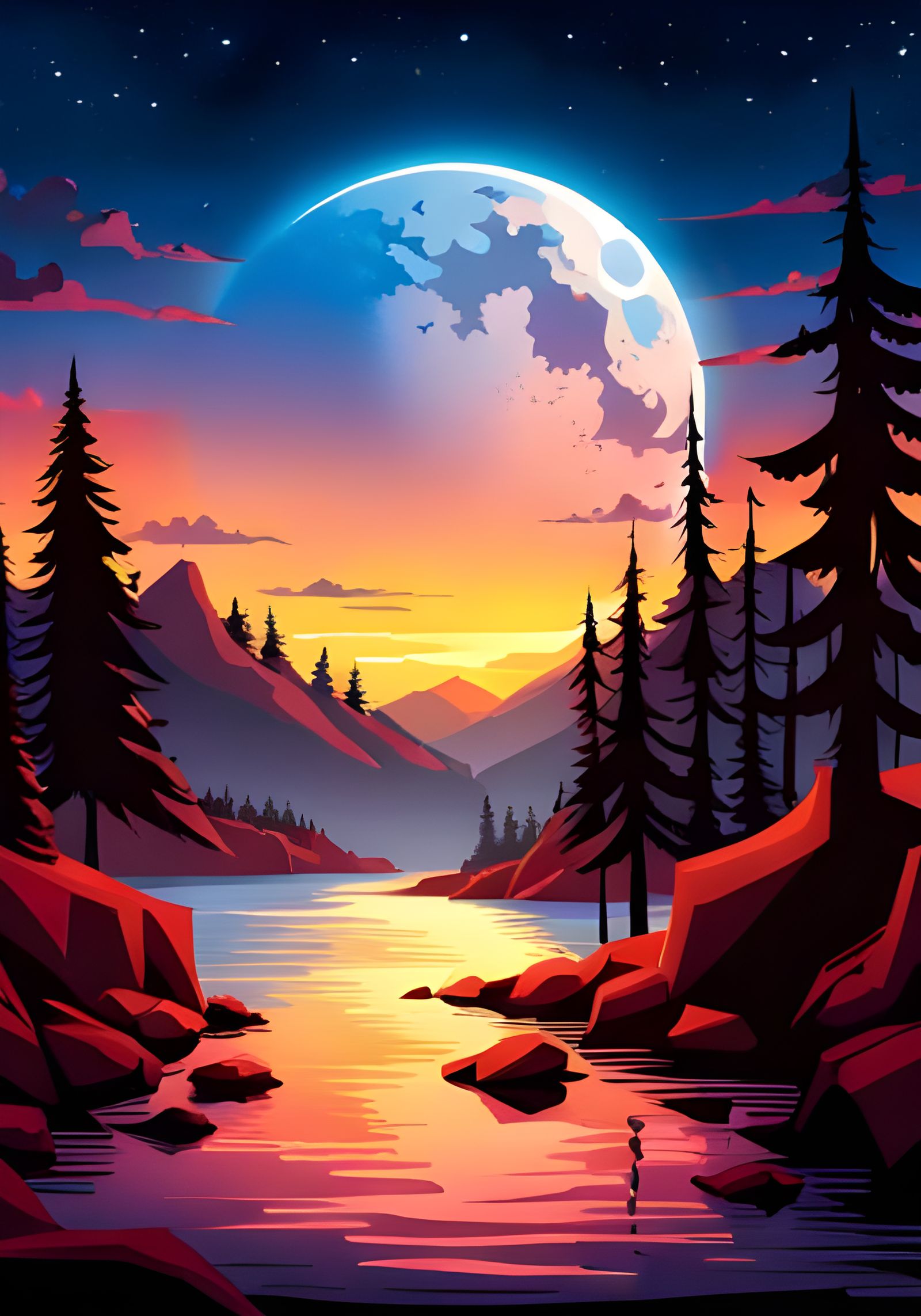 Fantasy Village Under Moonlit Sky in Detailed Digital Art