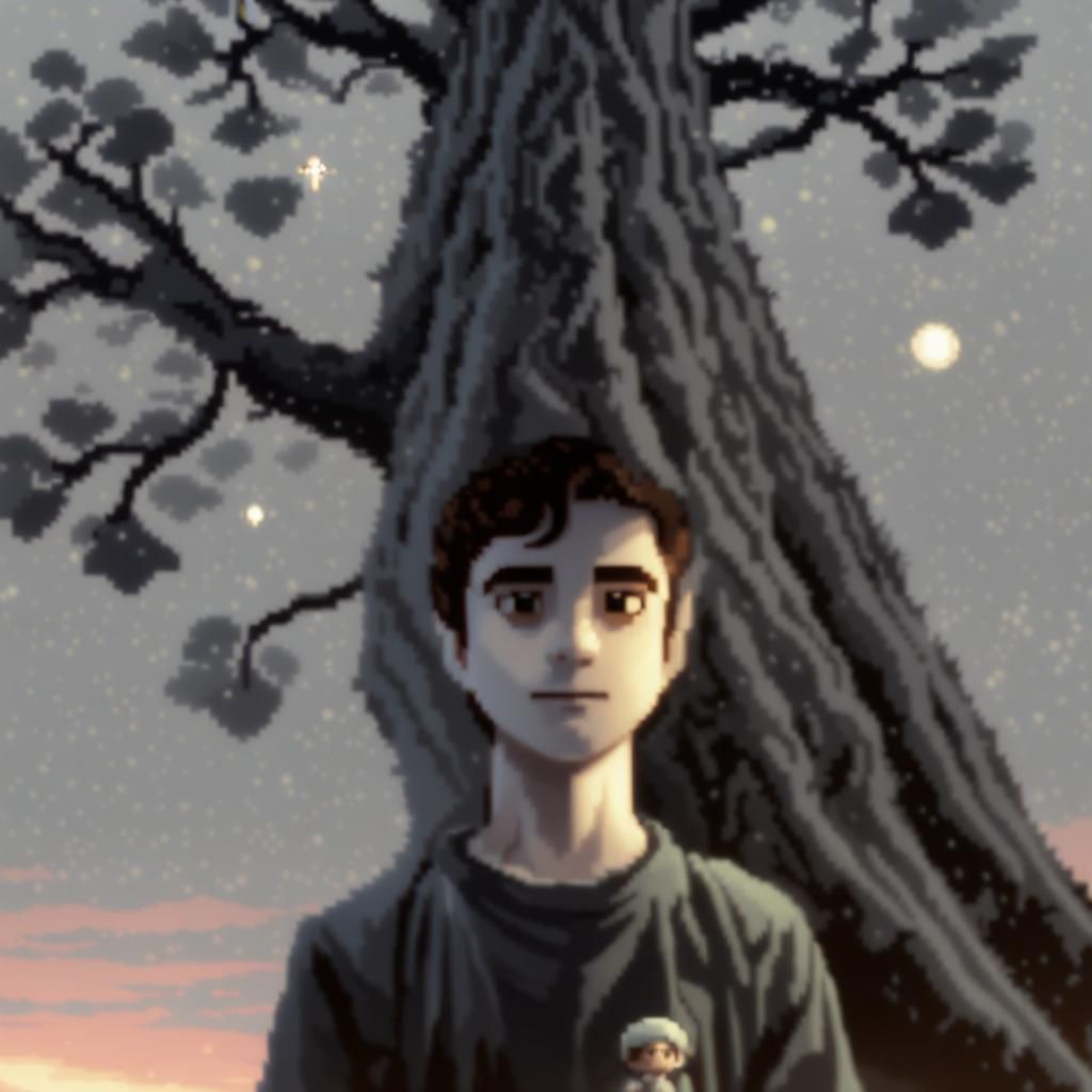 8-bit Hero Before Ancient Tree in Pixel Art