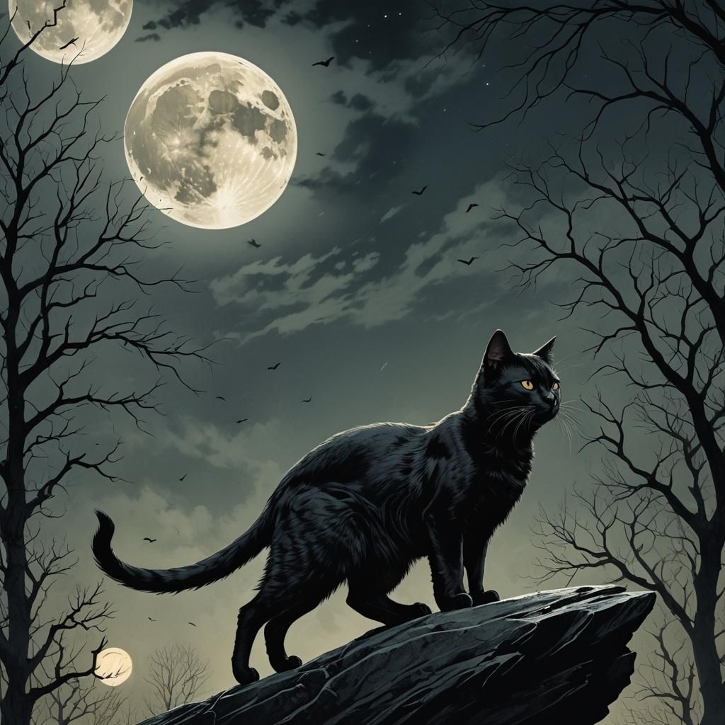 Ominous Black Cat Under Full Moon in Dark Fantasy