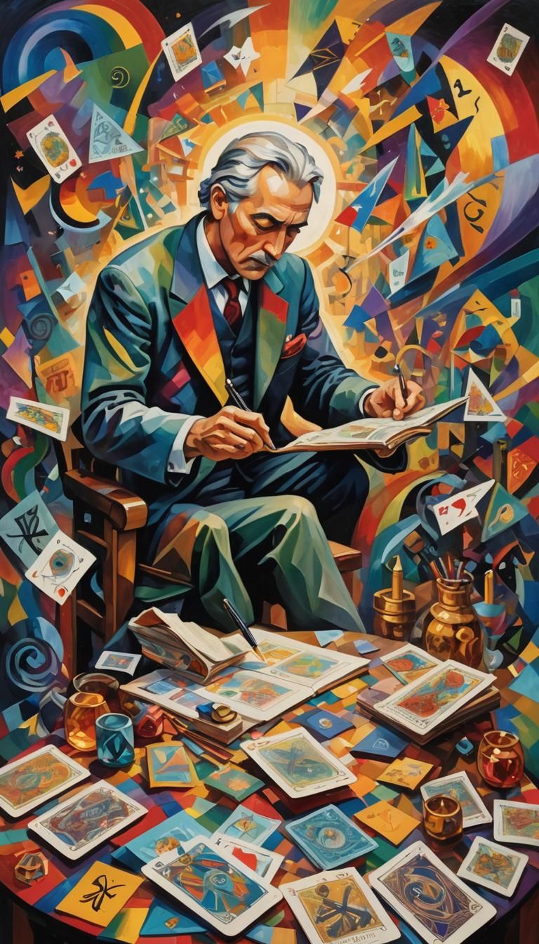 Cubist Poet Writing Surrounded by Tarot Cards