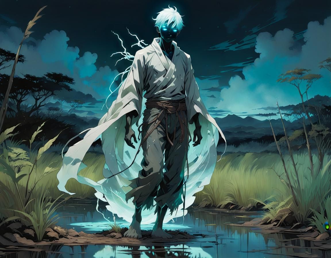 Bioluminescent Ghost in Hawaiian Wetlands: Manga Portrait