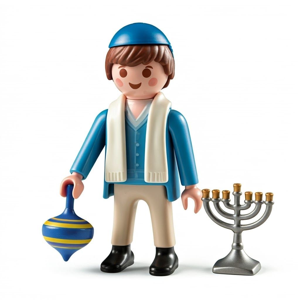 "A Haredi Hasidic boy, wearing traditional clothing and a kippah, holding a spinning top and a menorah, in Playmobil sty...